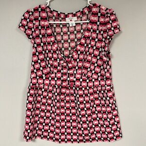 Two Hearts Maternity Pink Geometric Babydoll Empire Waist Tie Front Top, S